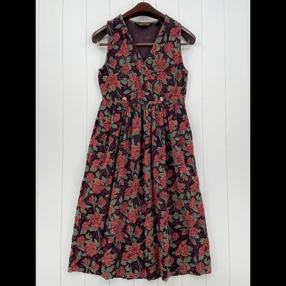Vintage 90s Eddie Bauer Dark Floral Corduroy Midi Jumper Dress | Size S/M - Picture 4 of 10